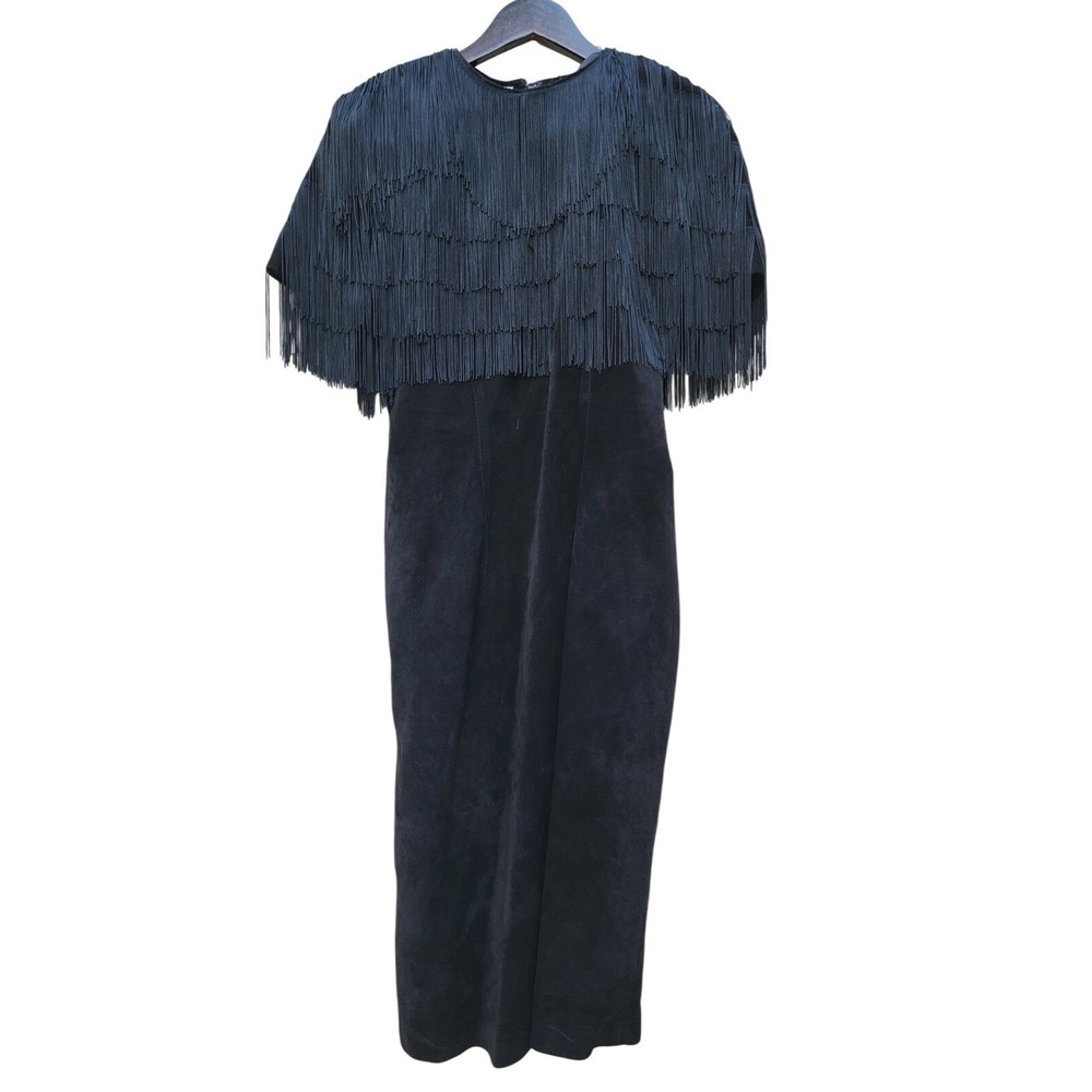 Pia Rucci Leather Fringe Dress Womens 6 Black Good Vintage Suede Midi Capelet